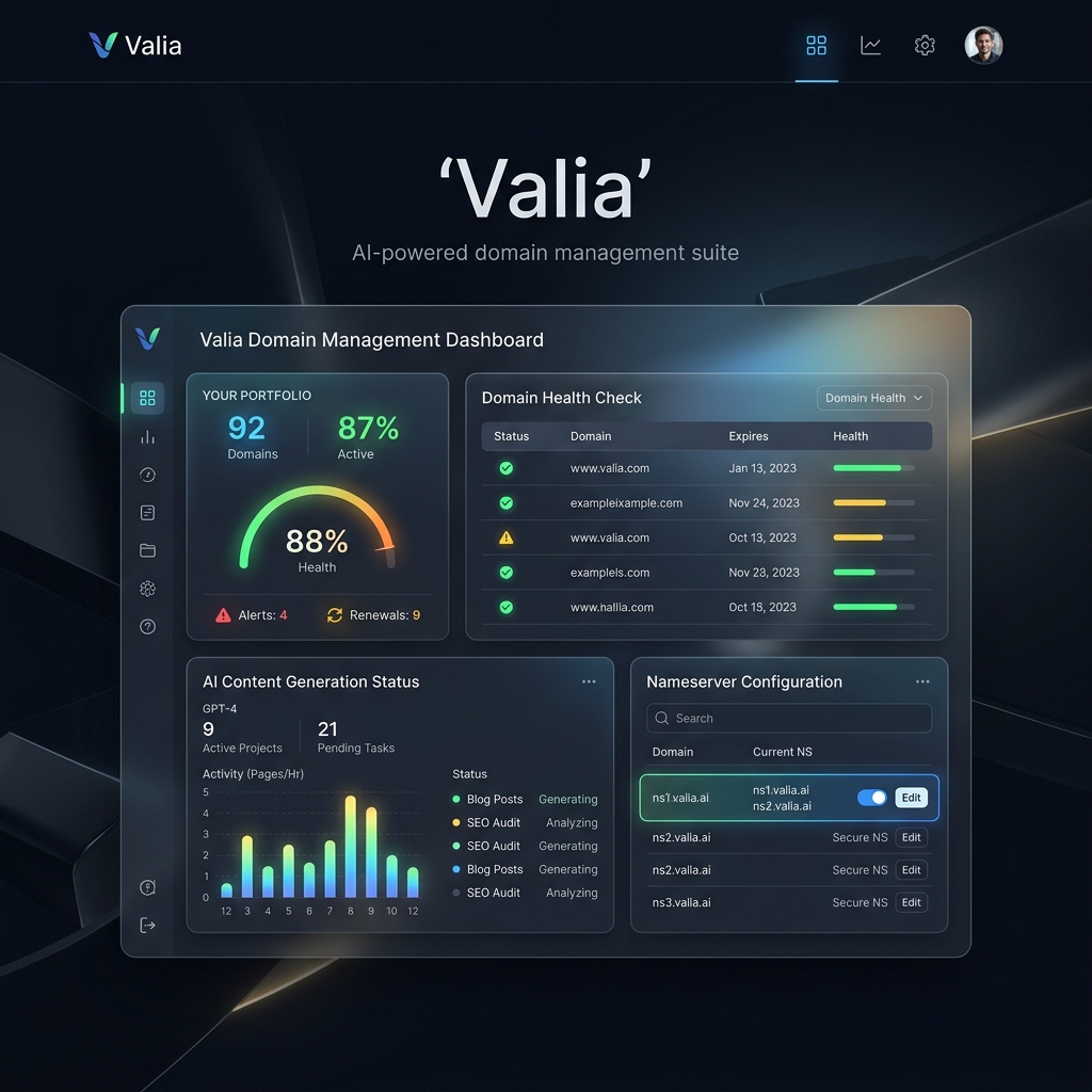 Valia - AI Domain Management Suite Mockup